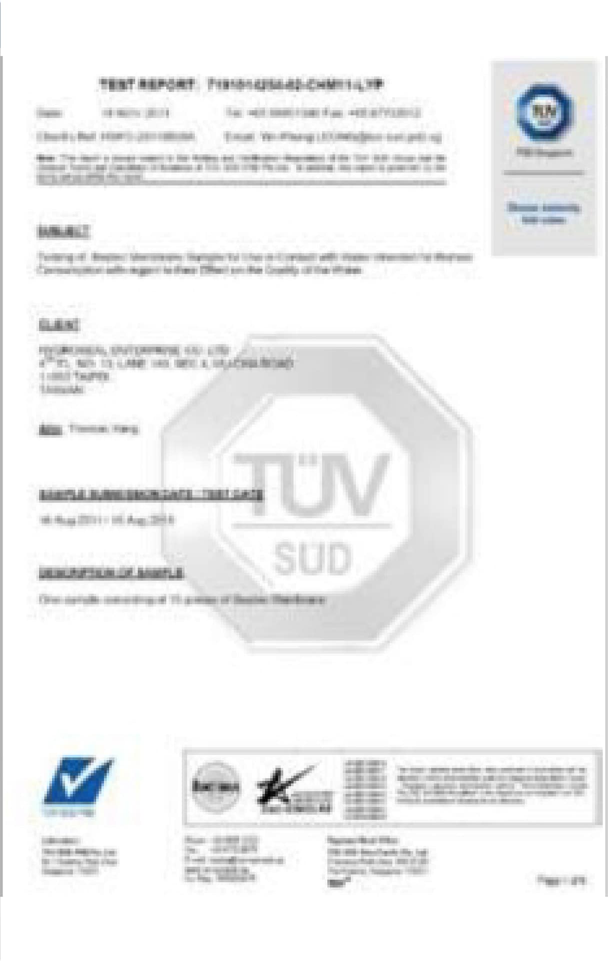 Drinking-water contact safety test certificate